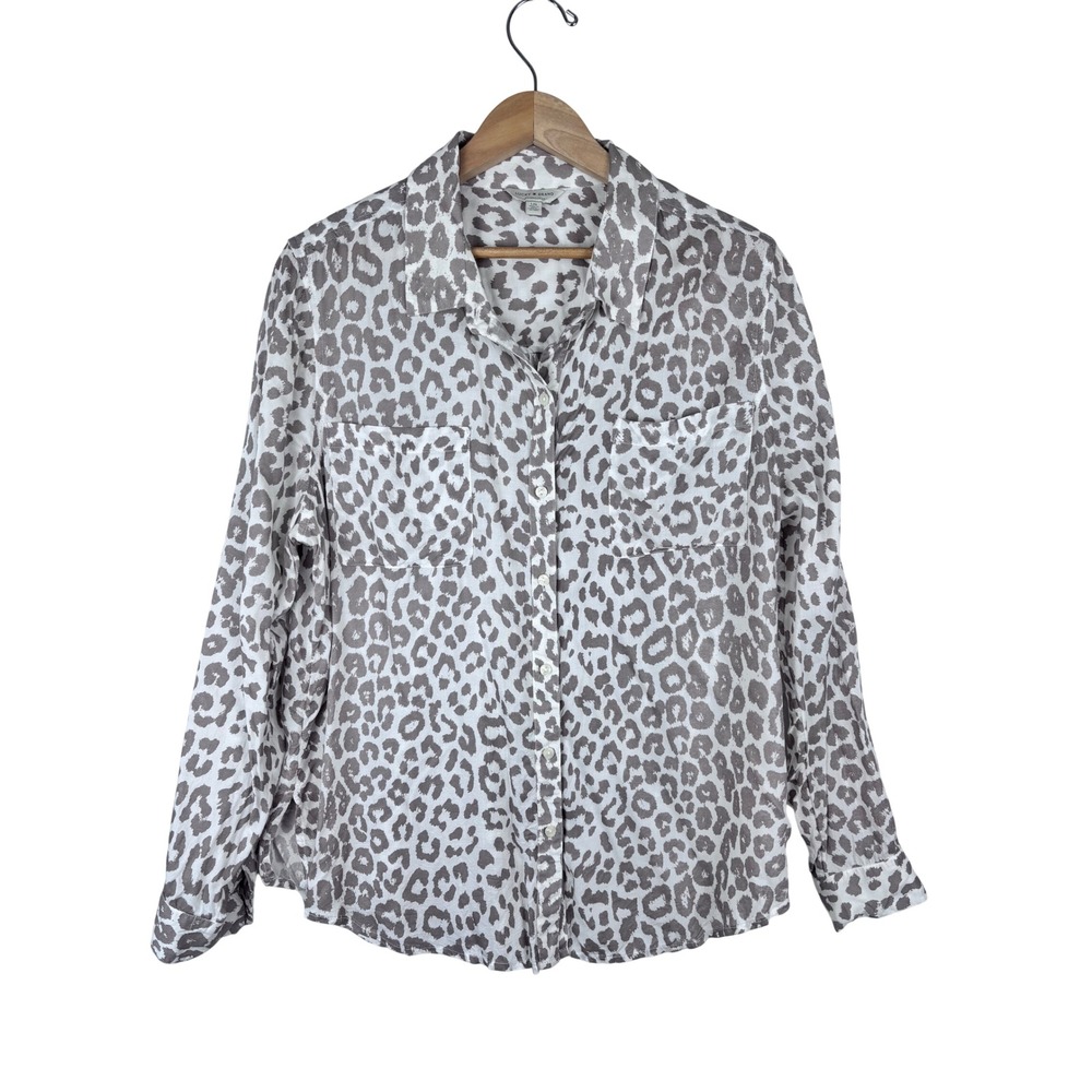Lucky Brand L Leopard Print Button Front Shirt Gray White Modal Boho Office